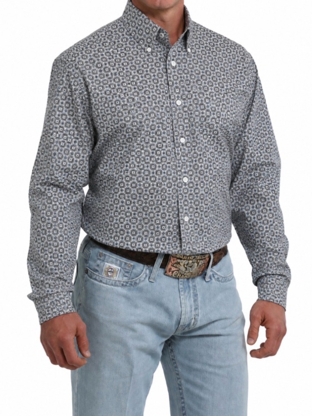 Cinch Men's Navy, Blue, White Green Geometric Print Button Down Shirt size Large